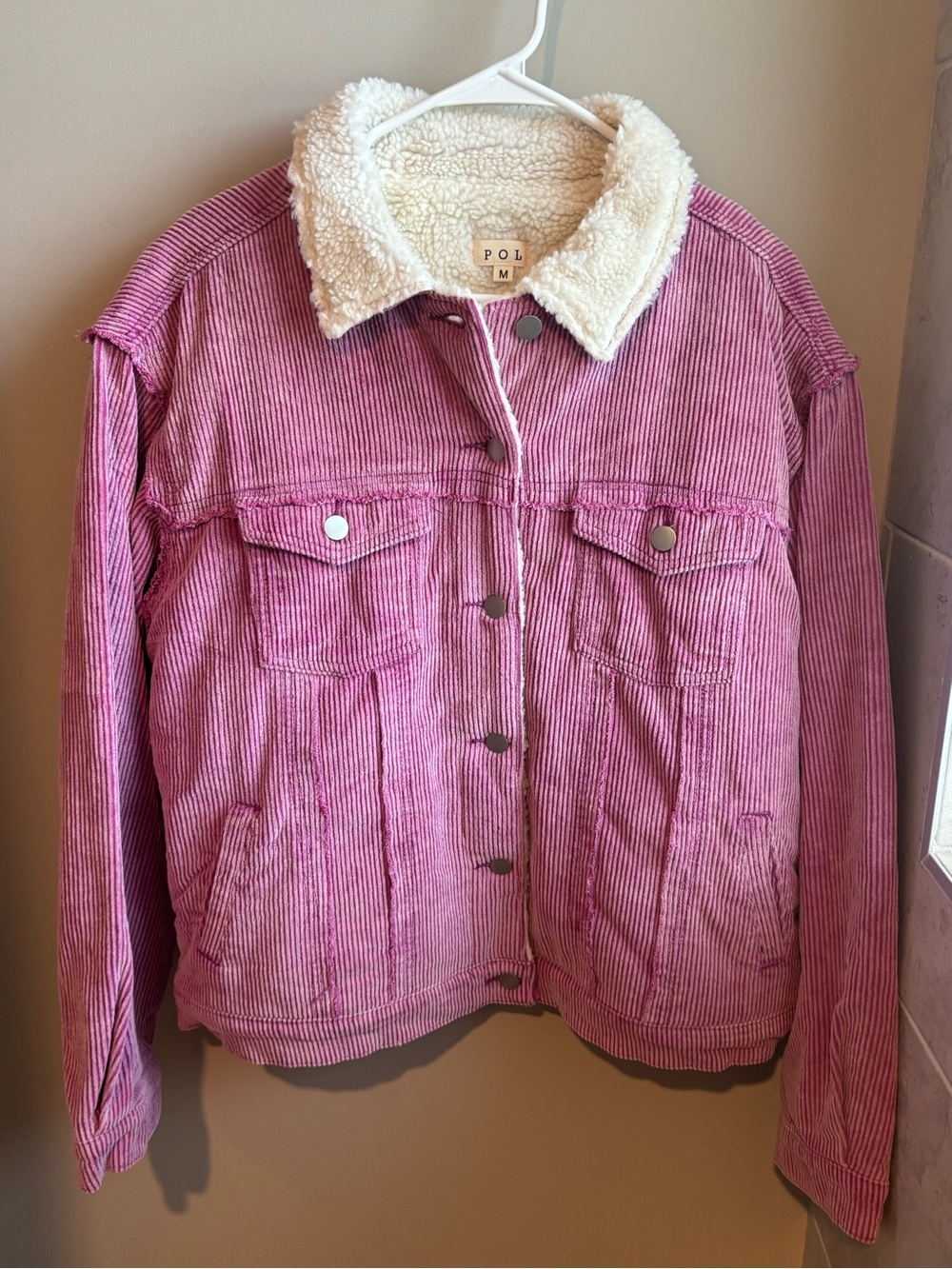 POL Pink Sherpa-Lined Corduroy Trucker Jacket - Cream Collar
